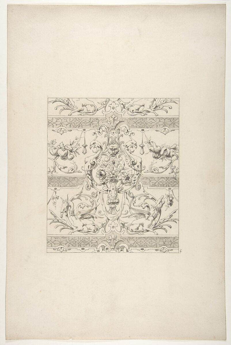 Design for a decorative motif featuring griffins and swags of fruit, Jules-Edmond-Charles Lachaise (French, died 1897), pen and ink and wash over graphite on wove paper 