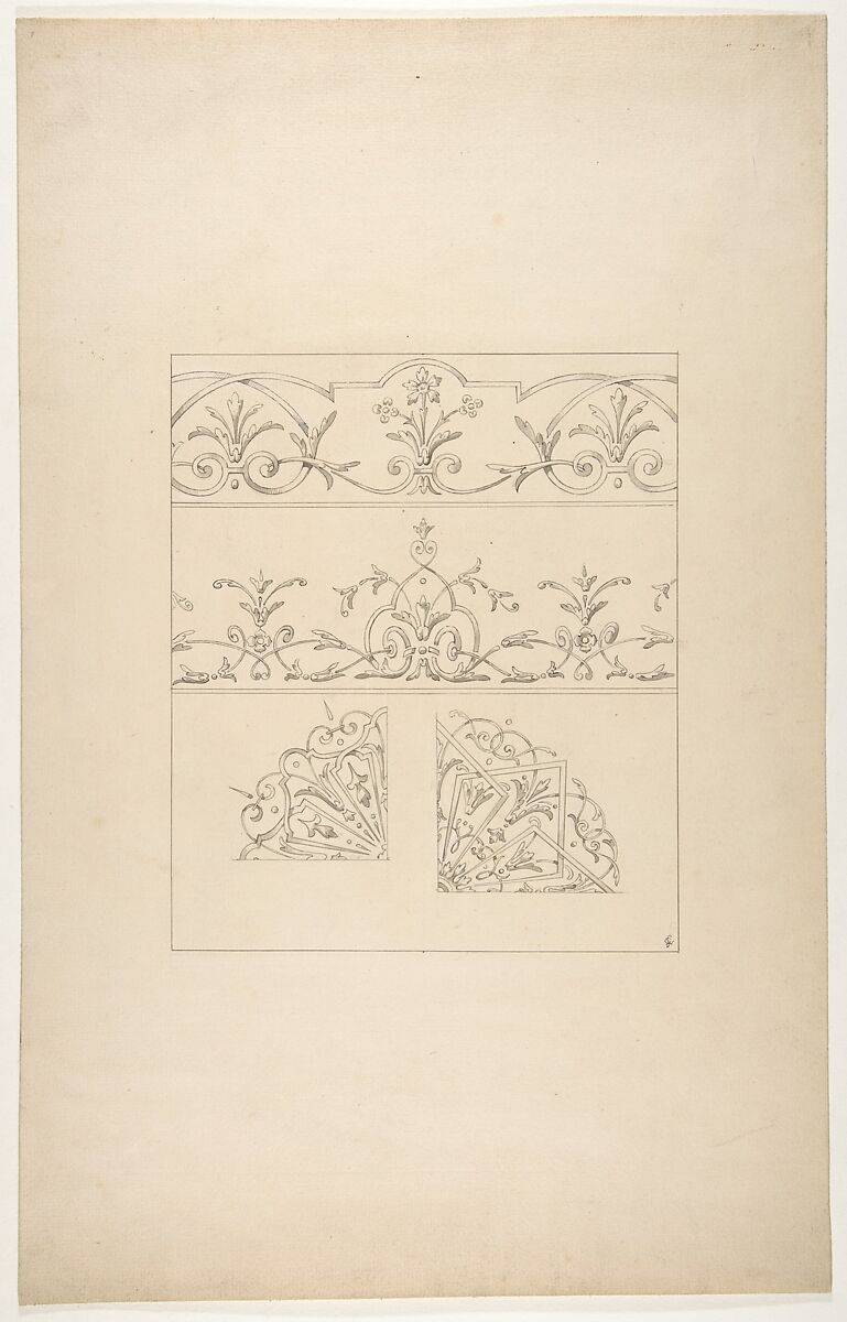 Four designs for decorative patters featuring foliage, flowers, and scrolls, Jules-Edmond-Charles Lachaise (French, died 1897), pen and ink and wash on wove paper 