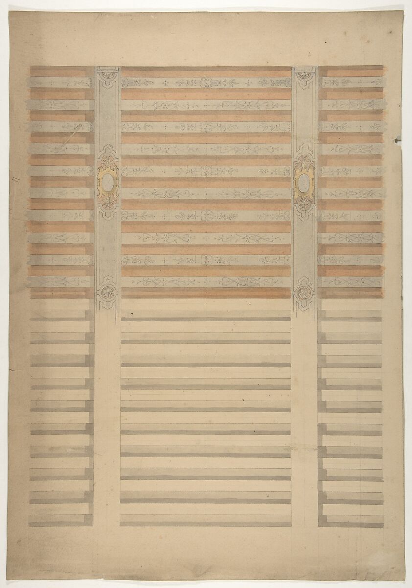 Design for a beamed ceiling in French Renaissance style, Jules-Edmond-Charles Lachaise (French, died 1897), pen and ink, wash and watercolor over graphite on wove paper 