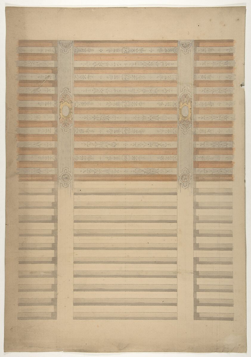 Design for a beamed ceiling in French Renaissance style, Jules-Edmond-Charles Lachaise (French, died 1897), pen and ink, wash and watercolor over graphite on wove paper 