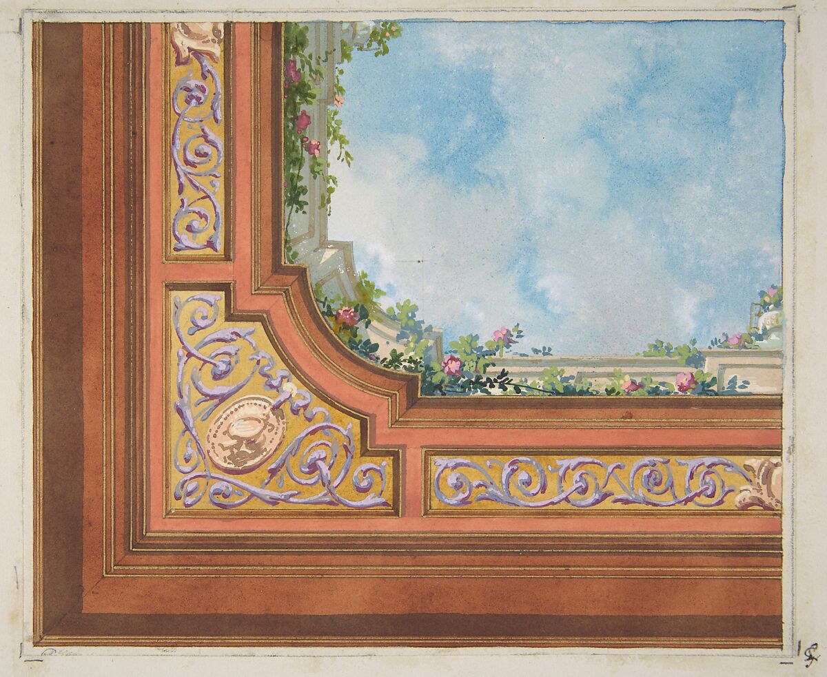 Partial design for ceiling decoration with clouds and roses, Jules-Edmond-Charles Lachaise (French, died 1897), watercolor and gouache with gold paint on wove paper; inlaid in wove paper 