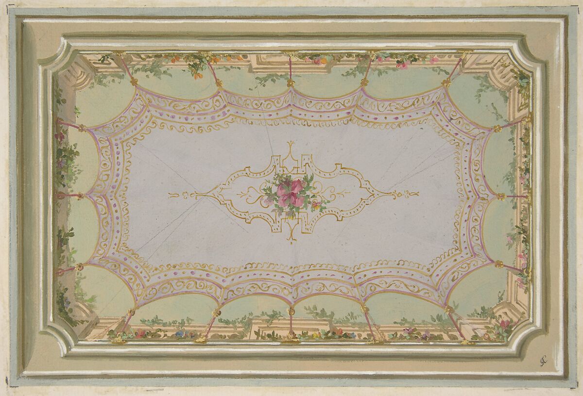 Design for the painted decoration of a ceiling with a trompe l'oeil canopy and roses, Jules-Edmond-Charles Lachaise (French, died 1897), gouache on wove paper; inlaid in laid paper 