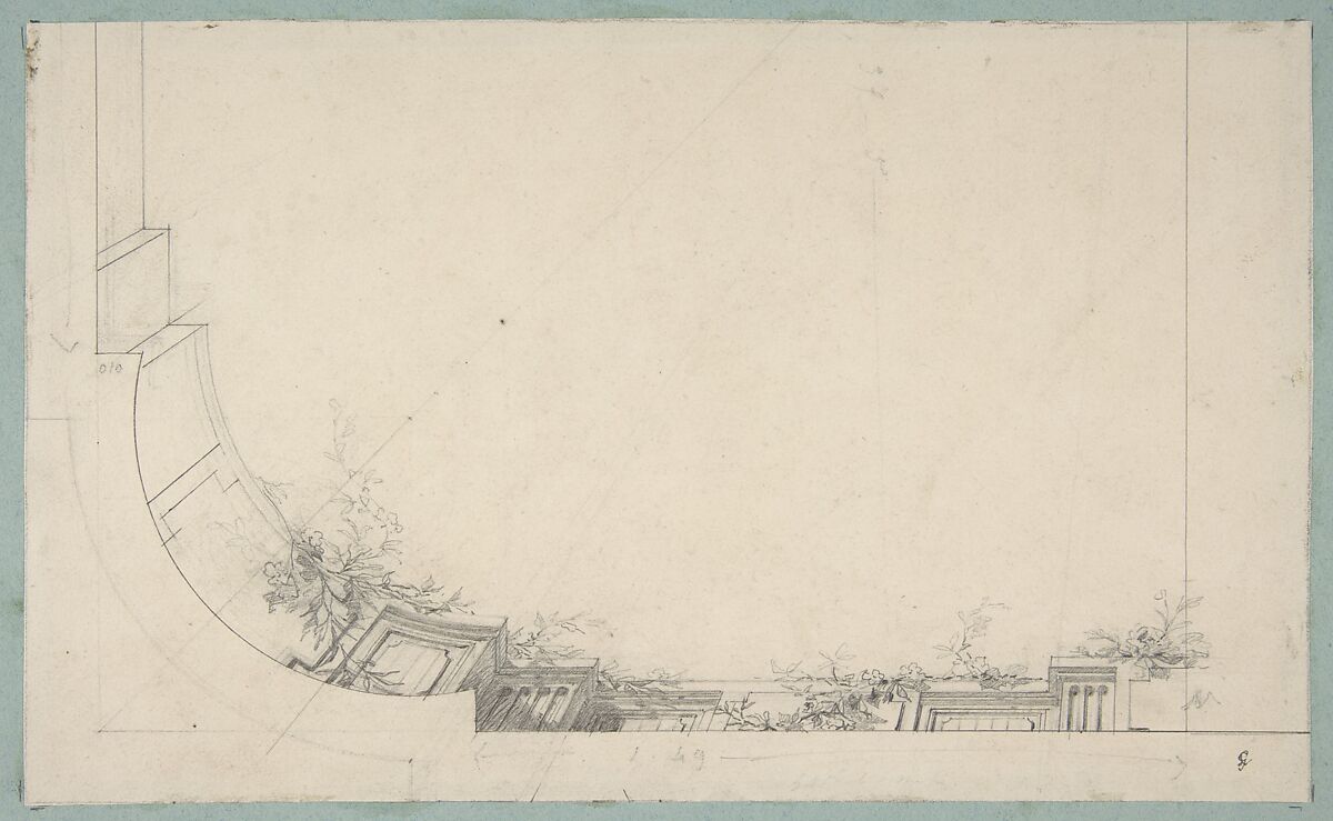Partial design for a ceiling decorated with a trompe l'oeil balustrade, Jules-Edmond-Charles Lachaise (French, died 1897), Graphite and pen and ink on wove paper; inlaid in blue wove paper 