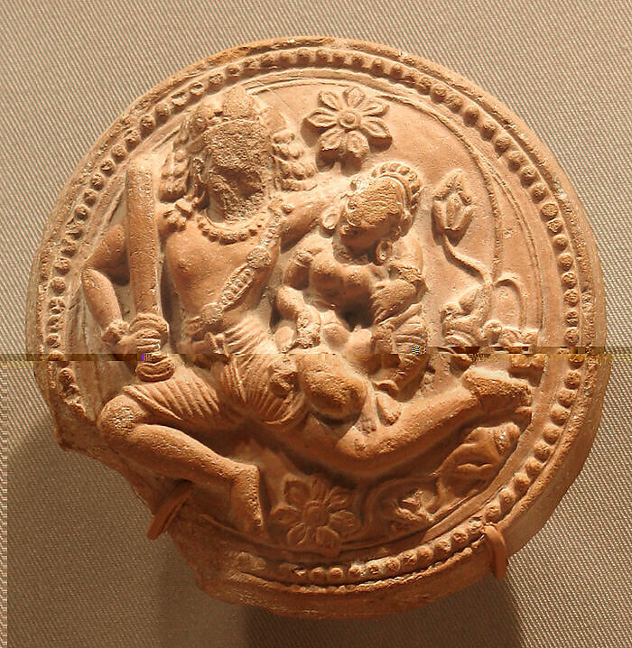 Rondel with a Racing Male Deity Cradling His Consort (Probably Shiva and Parvati), Terracotta, India 