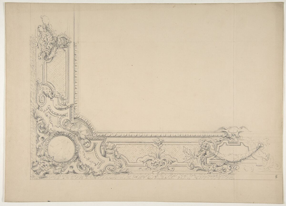 Partial design for a ceiling with an ornate border, Jules-Edmond-Charles Lachaise (French, died 1897), graphite on wove paper 