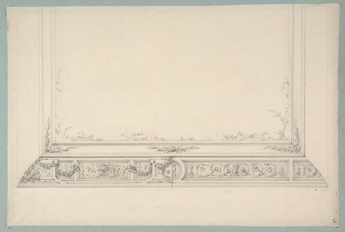 Partial design for a ceiling with alternative patterns for the borders, Jules-Edmond-Charles Lachaise (French, died 1897), graphite on wove paper; inlaid in blue wove paper 