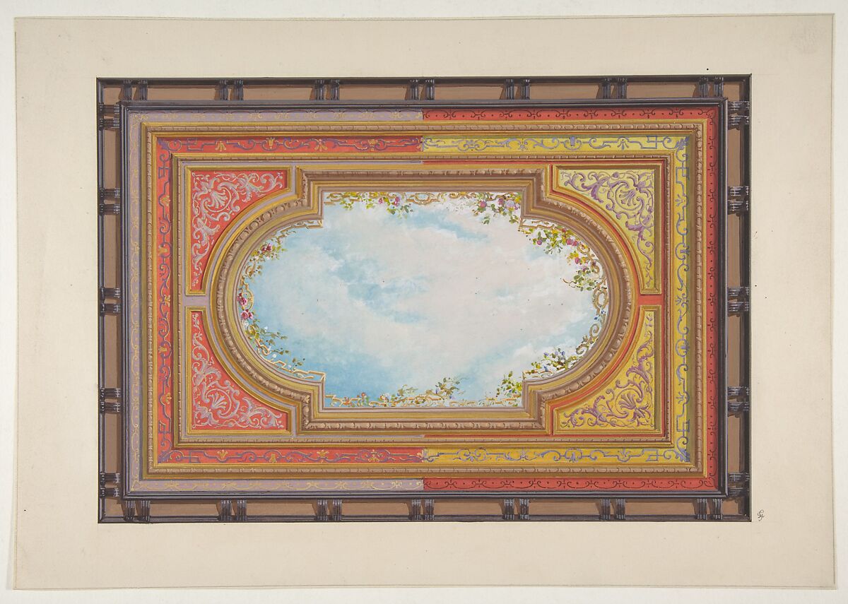 Design for a ceiling painted with trompe l'oeil clouds, Jules-Edmond-Charles Lachaise (French, died 1897), watercolor, gouache, and gold paint on wove paper 