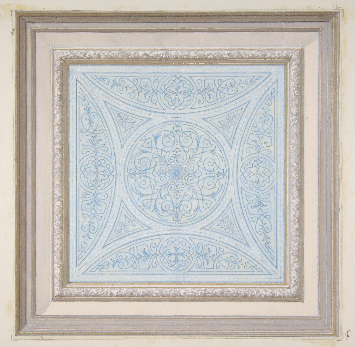 Design for a ceiling paianted in filagree patterns, Jules-Edmond-Charles Lachaise (French, died 1897), watercolor, gouache, and gold paint on wove paper; inlaid in wove paper 