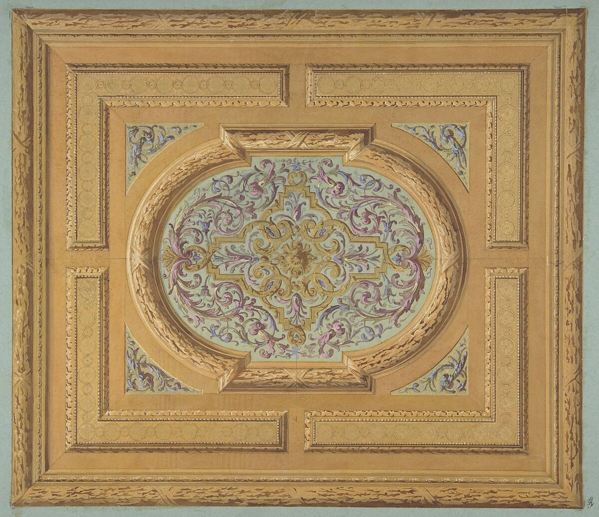 Design for a ceiling decorated with bands of oak leaves and a central panel of scrolls and rinceaux, Jules-Edmond-Charles Lachaise (French, died 1897), Watercolor, gouache, and gold paint over graphite on wove paper; inlaid in blue wove paper 