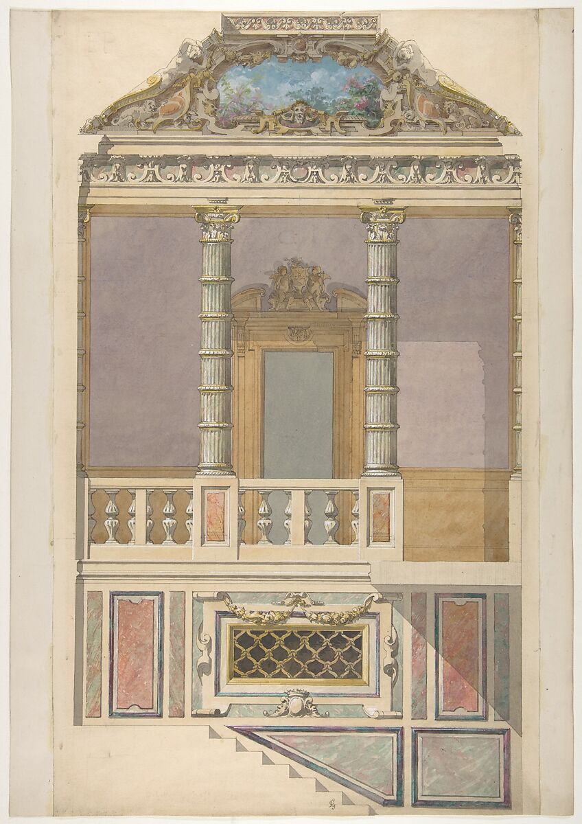 Elevation of an Italianate interior, including steps and an upper  loggia decorated in composite columns, Jules-Edmond-Charles Lachaise (French, died 1897), pen and ink, wash and watercolor, heightened with white on wove paper 