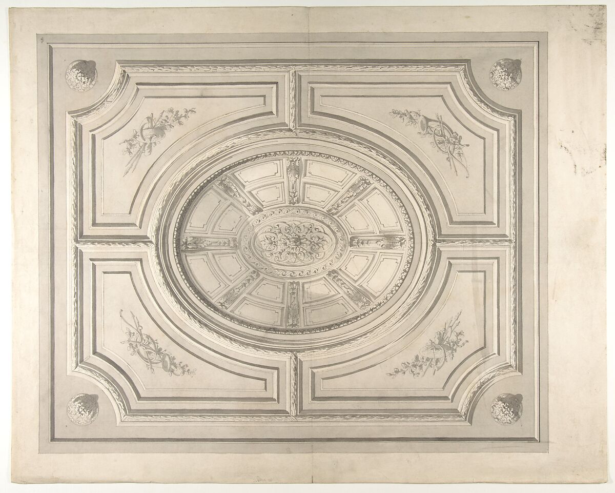 Design for a ceiling with trophies and a trompe l'oeil coffers, Jules-Edmond-Charles Lachaise (French, died 1897), pen and ink and wash on wove paper 