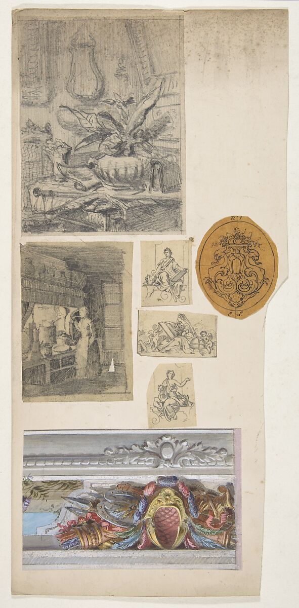 Seven drawings,including four decorative motifs and two scenes of interiors, Jules-Edmond-Charles Lachaise (French, died 1897), graphite, pen and ink, and gouache on various papers; mounted on cardboard 
