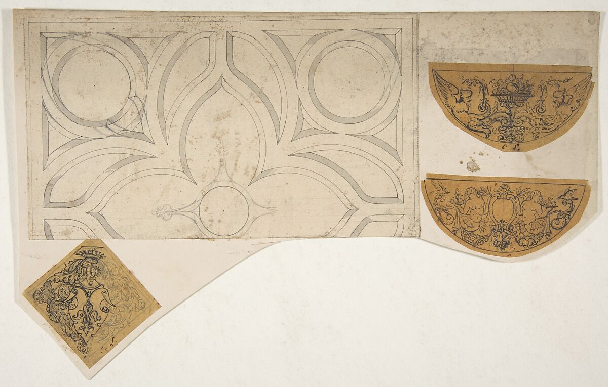 Four decorative motifs, Jules-Edmond-Charles Lachaise (French, died 1897), graphite and pen and ink on various papers; mounted on cardboard 