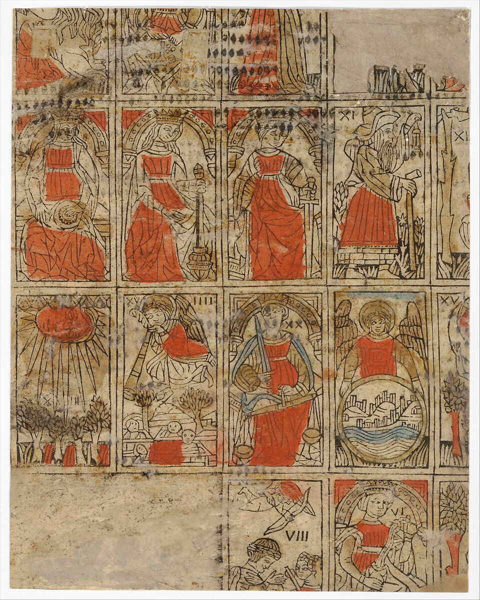 Tarocchi Cards, Anonymous, Italian, 15th to 16th century, Woodcut with pochoir in red, blue and brown 