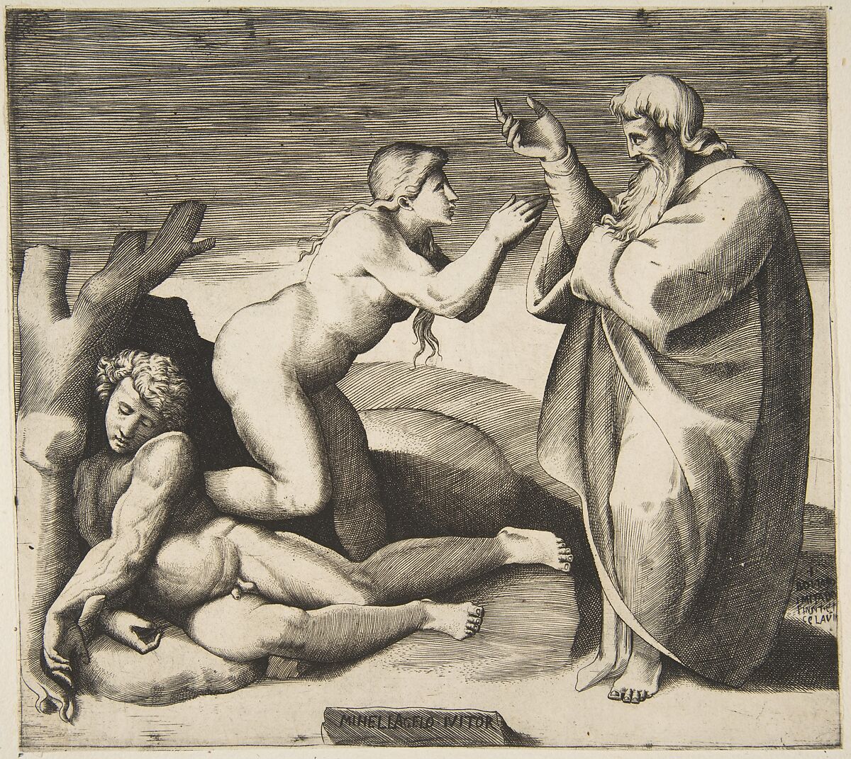 The creation of Eve who emerges from behind Adam, Giulio Bonasone (Italian, active Rome and Bologna, 1531–after 1576), Engraving 