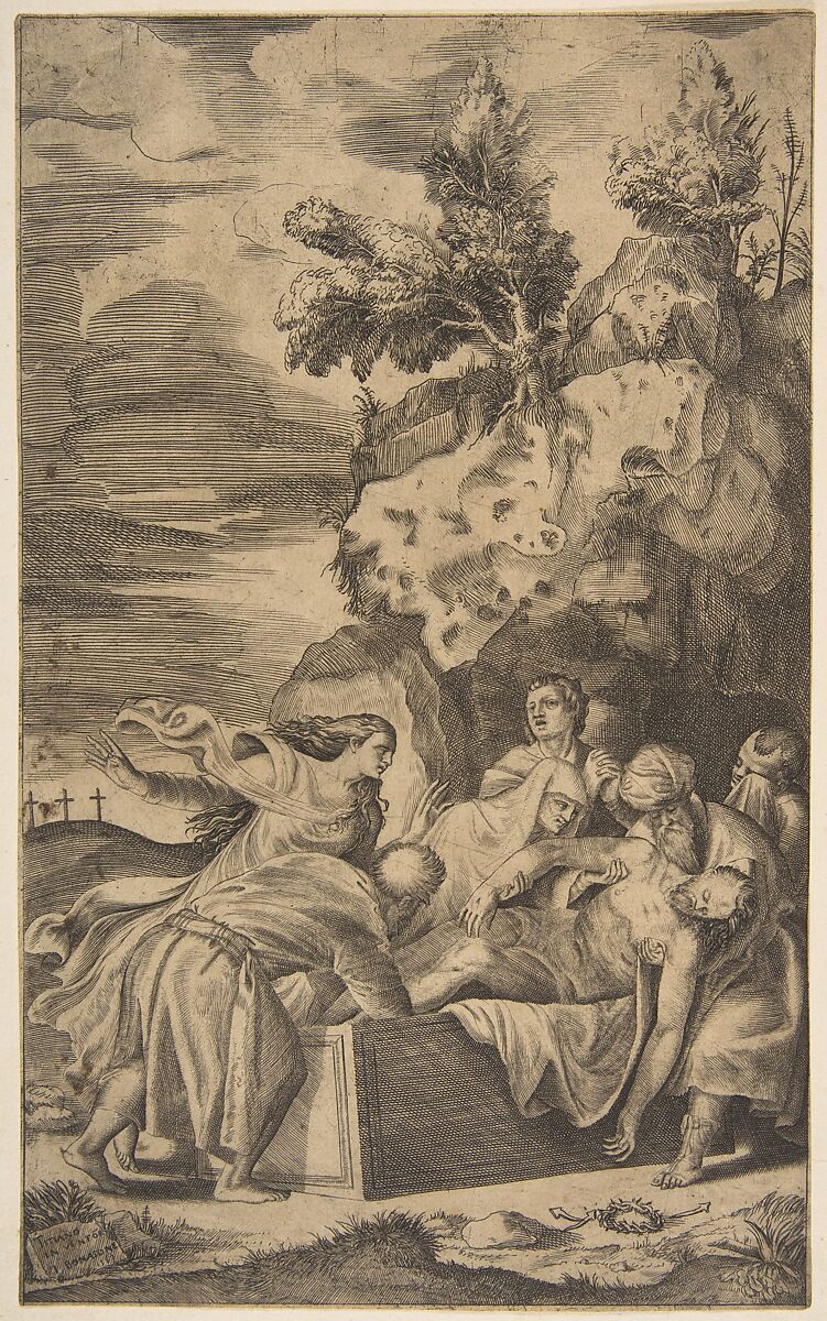 The entombment of Christ, the crosses on Calvary visble in left background, Giulio Bonasone (Italian, active Rome and Bologna, 1531–after 1576), Etching and engraving 