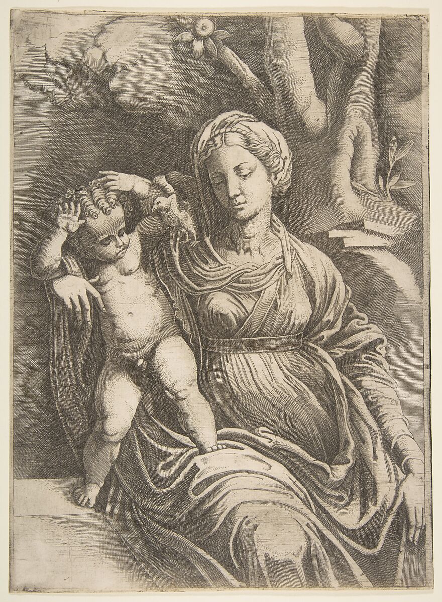 Virgin and Child seated beneath a tree, Giulio Bonasone (Italian, active Rome and Bologna, 1531–after 1576), Engraving 