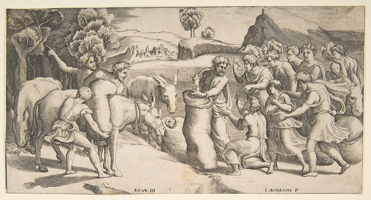 Joseph's cup being discovered in Benjamin's sack of grain, Giulio Bonasone (Italian, active Rome and Bologna, 1531–after 1576), Engraving 