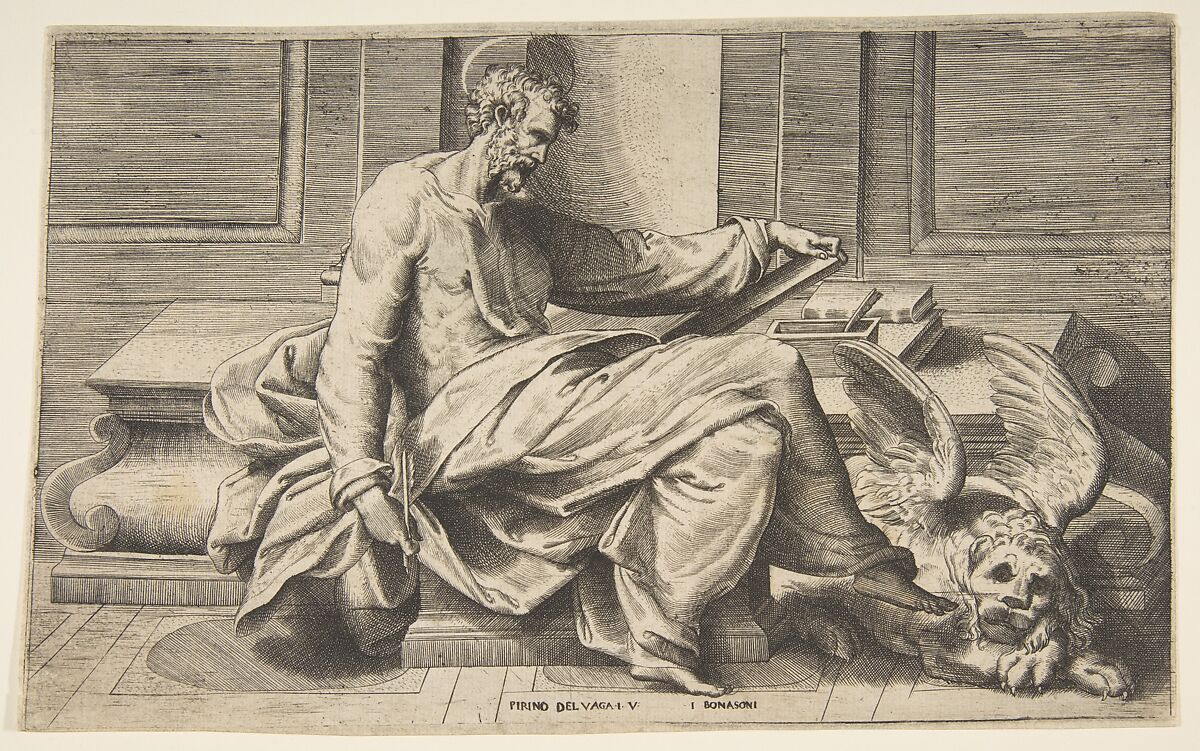 Saint Mark writing his Gospel, a winged lion at the right, Giulio Bonasone (Italian, active Rome and Bologna, 1531–after 1576), Engraving 