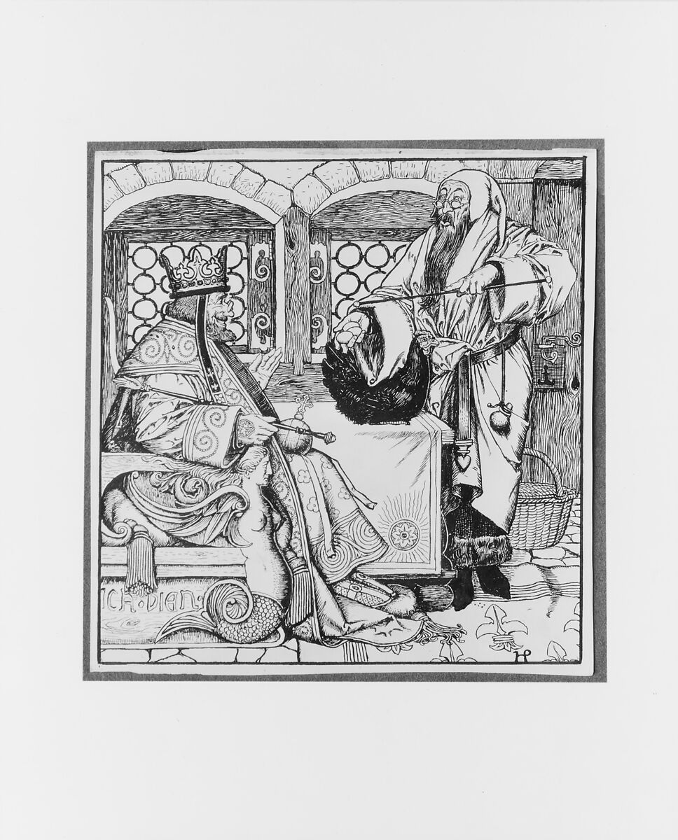 The Master of the Black Arts Bringeth a Curious Little Black Hen to the King, for "The Wonder Clock", Howard Pyle (American, Wilmington, Delaware 1853–1911 Florence), Pen and black ink 