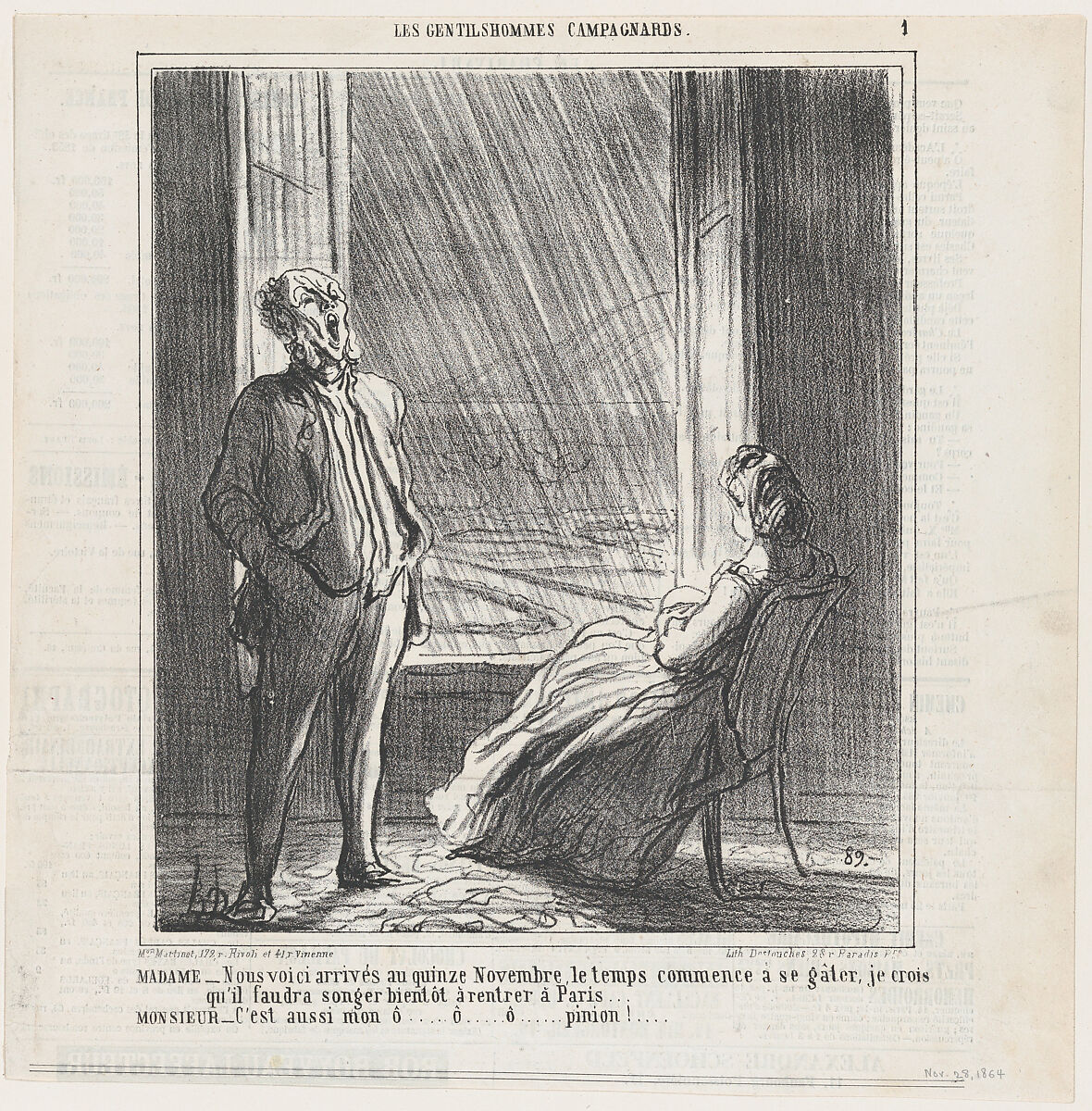 We are approaching mid-November when the weather starts getting nasty, from 'The countryside gentlemen,' published in Le Charivari, November 28, 1864, Honoré Daumier (French, Marseilles 1808–1879 Valmondois), Lithograph on newsprint; third state of three (Delteil)