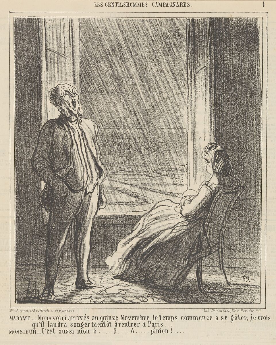 We are approaching mid-November when the weather starts getting nasty, from 'The countryside gentlemen,' published in Le Charivari, November 28, 1864, Honoré Daumier  French, Lithograph on newsprint; third state of three (Delteil)