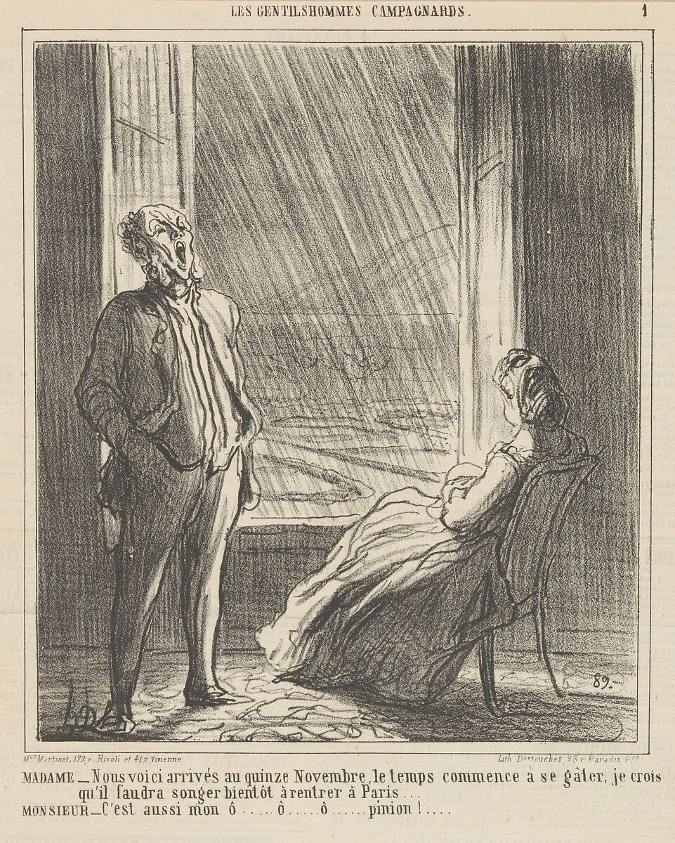 We are approaching mid-November when the weather starts getting nasty, from 'The countryside gentlemen,' published in Le Charivari, November 28, 1864, Honoré Daumier (French, Marseilles 1808–1879 Valmondois), Lithograph on newsprint; third state of three (Delteil) 