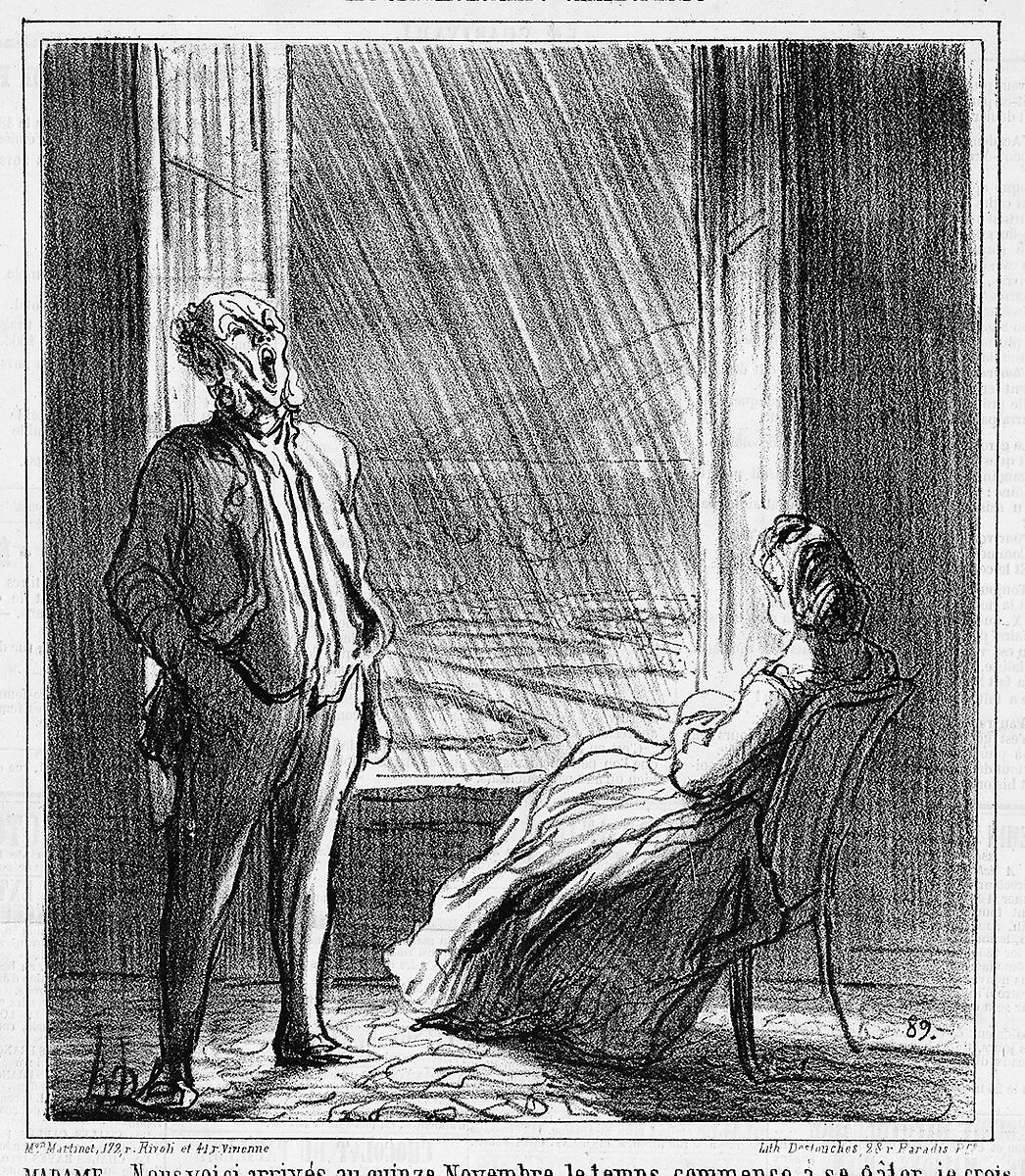 We are approaching mid-November when the weather starts getting nasty, from 'The countryside gentlemen,' published in Le Charivari, November 28, 1864, Honoré Daumier (French, Marseilles 1808–1879 Valmondois), Lithograph on newsprint; third state of three (Delteil)