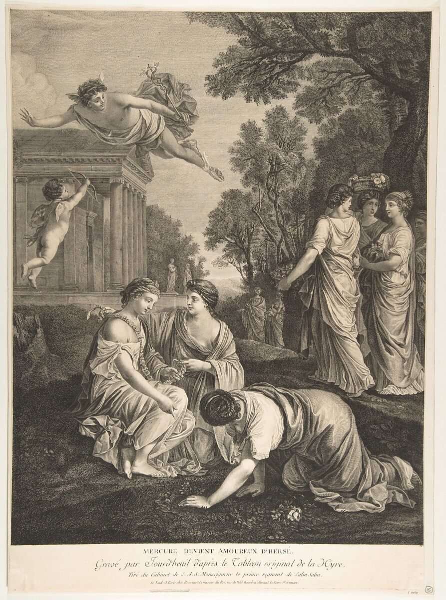 Mercury and Herse, François Jourd&#39;heuil (French, Poitiers 1759–1781 Paris), Engraving 