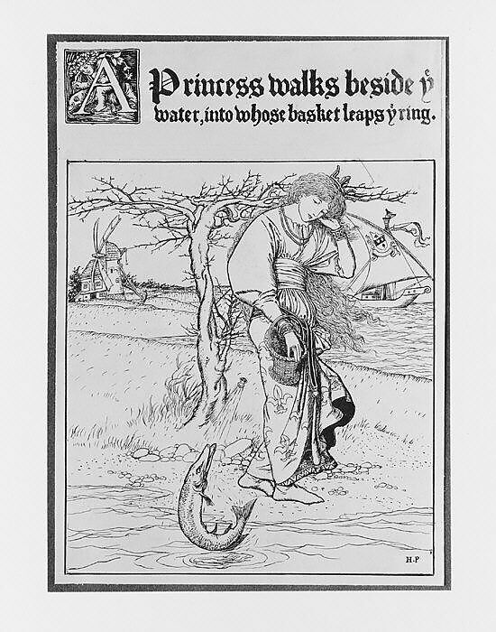 A Princess Walks Beside ye Water, into Whose Basket Leaps ye Ring, for "The Wonder Clock", Howard Pyle (American, Wilmington, Delaware 1853–1911 Florence), Pen and black ink