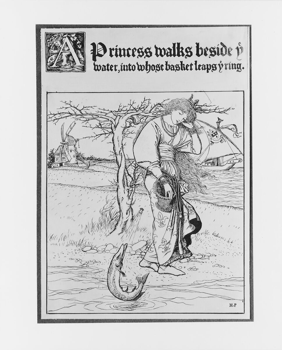 A Princess Walks Beside ye Water, into Whose Basket Leaps ye Ring, for "The Wonder Clock", Howard Pyle  American, Pen and black ink