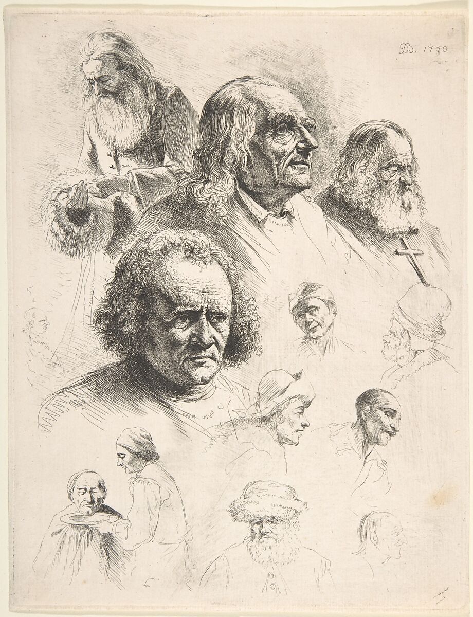 Study of Thirteen Heads, Jean Jacques de Boissieu (French, Lyons 1736–1810 Lyons), Etching with drypoint; second state of three