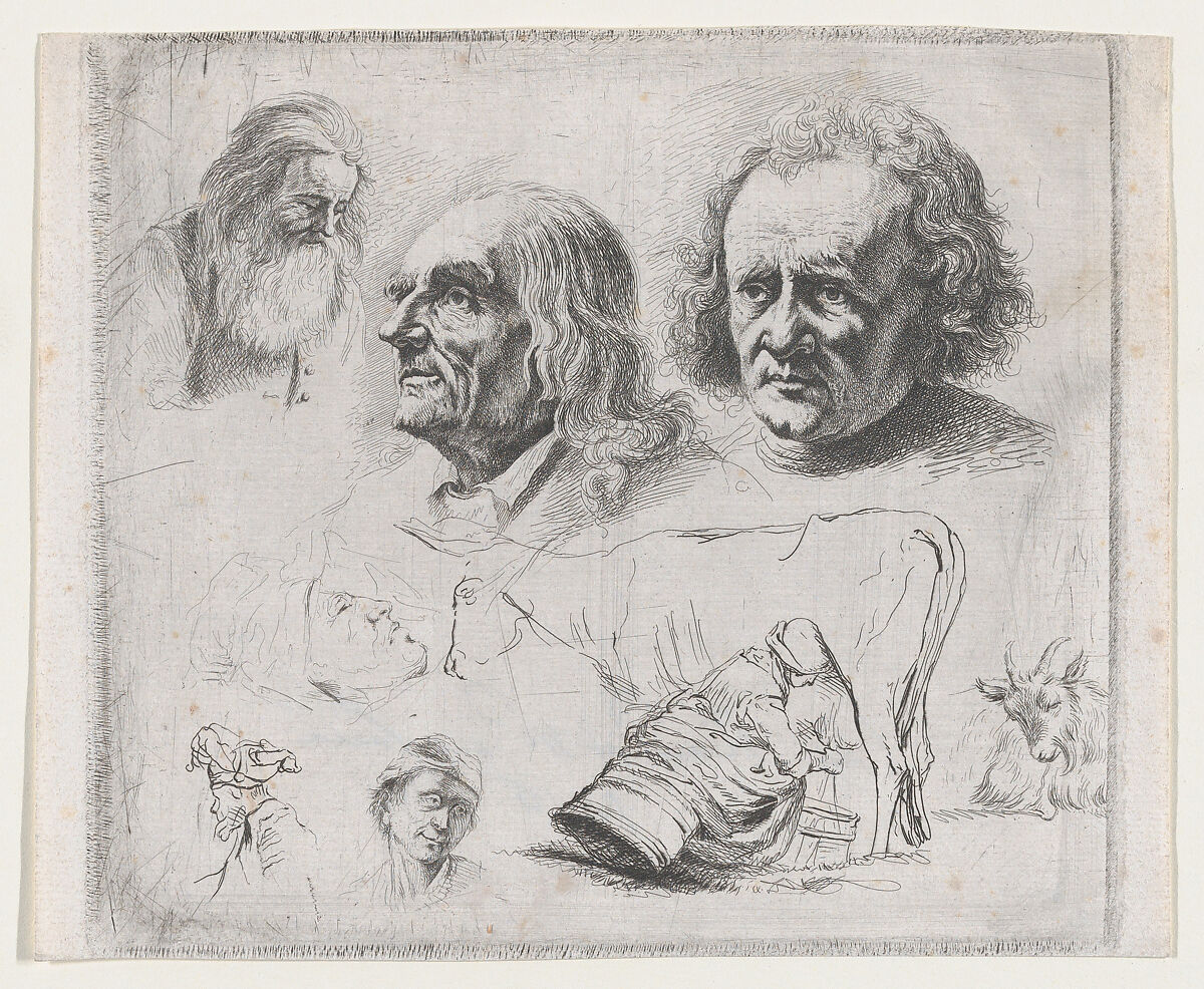 Study of Six Heads and a Milkmaid, Chevalier Ignace Joseph de Claussin (French, 1766–1844 Paris), Etching 