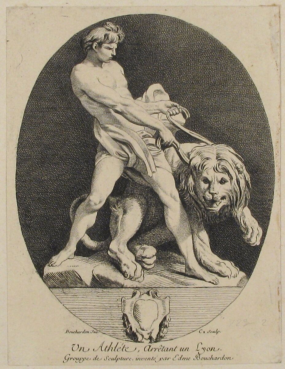 An Athlete Stopping a Lion, Anne Claude Philippe de Tubières, comte de Caylus (French, Paris 1692–1765 Paris), Etching 