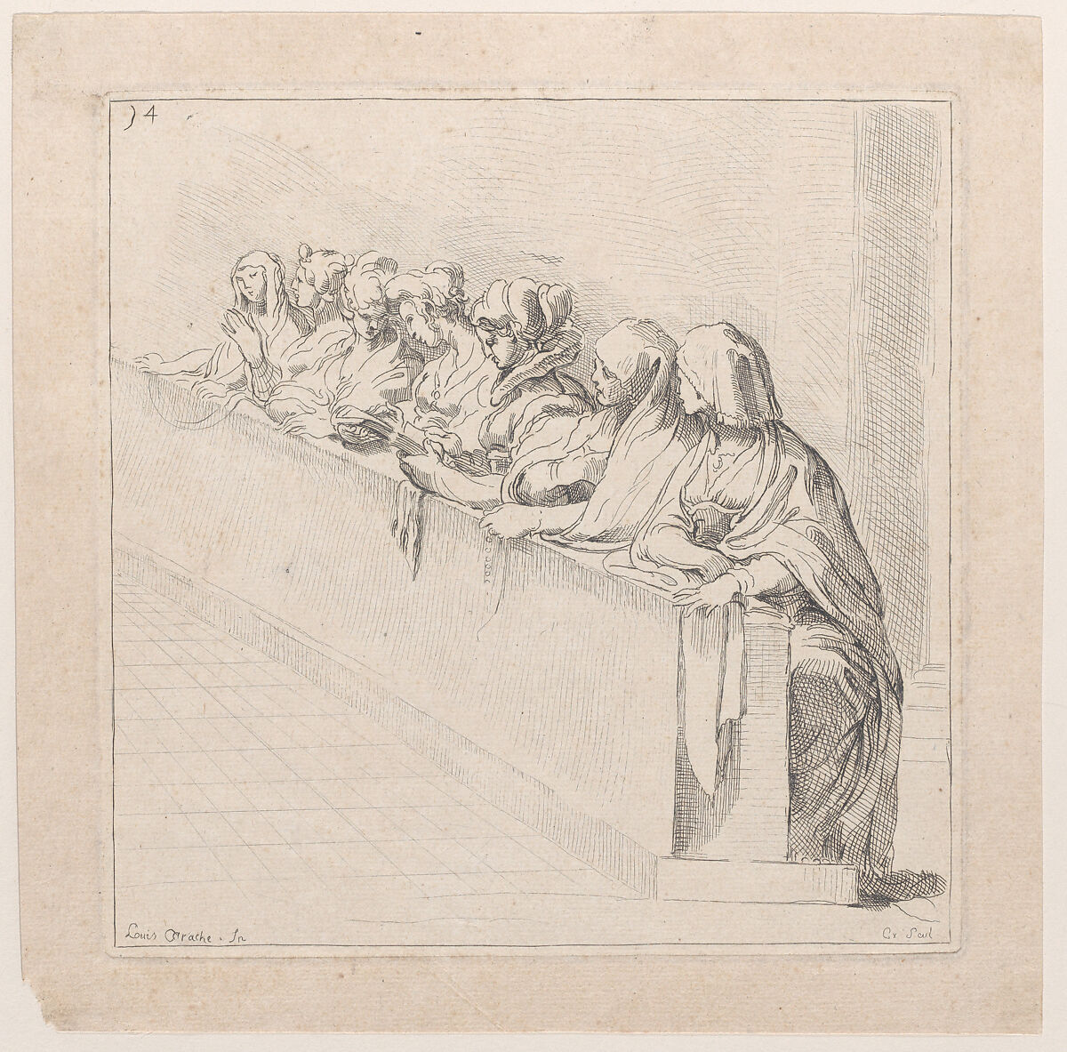 Seven Women Seated Behind a Low Wall, Anne Claude Philippe de Tubières, comte de Caylus (French, Paris 1692–1765 Paris), Etching 