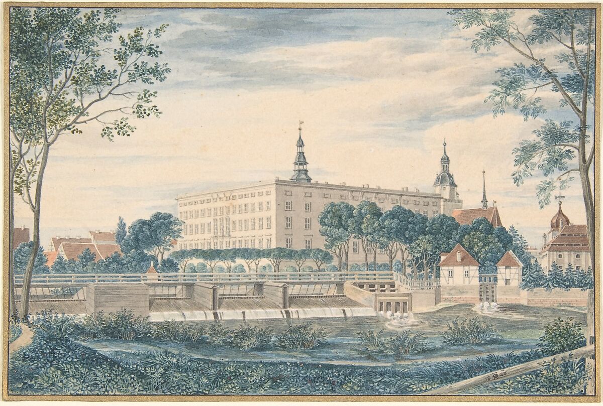 View of the Dessau Castle from the East, Heinrich Olivier (German, Dessau 1783–1848 Berlin), Watercolor, heightened with white bodycolor. Framing line in gold. 