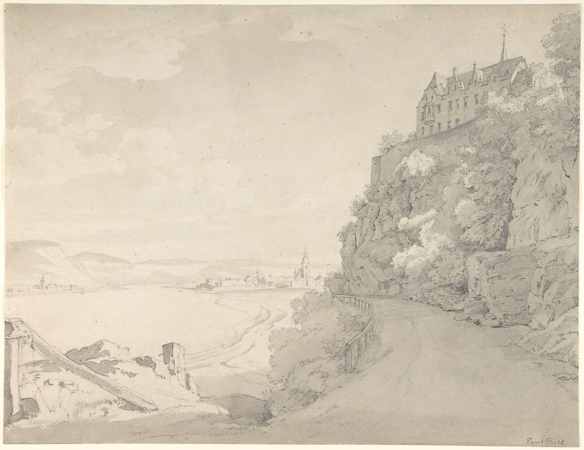 View of the Rhine and Remagen from the North (?), Ernst Fries (German, Heidelberg 1801–1833 Karlsruhe), Graphite, brush and gray wash 