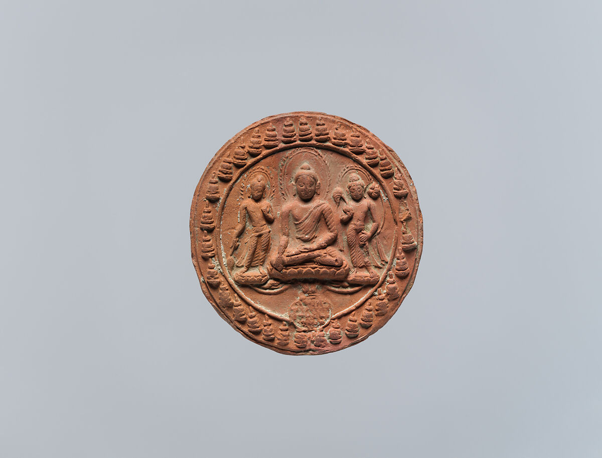 Molded Plaque with Seated Buddha and Attendant Bodhisattvas, Terracotta, India (Bihar)