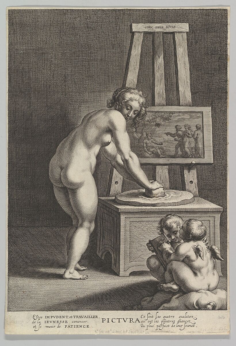 Pictura: allegory of painting, with a nude woman at center grinding pigments, two putti drawing at lower right, Cornelis Galle I (Netherlandish, Antwerp 1576–1650 Antwerp), Engraving; second state of two 