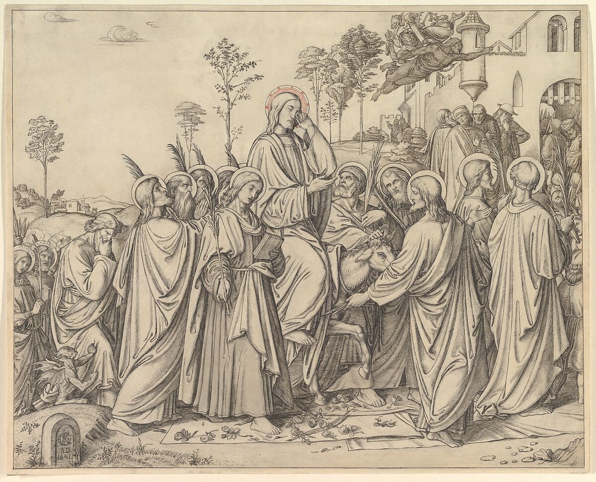 The Entrance of Christ into Jerusalem, Gustav Ferdinand König (German, Coburg 1808–1869 Erlangen), Pen and black and red ink, black chalk; framing lines in pen and black ink (by the artist) 