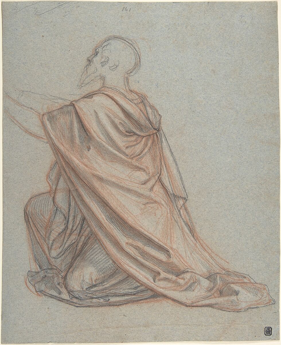 Study of a Kneeling Man; verso: Cropped Study of a Standing Man in a Cloak, Ludwig Ferdinand Schnorr von Carolsfeld (German, Königsberg, Prussia 1788–1853 Vienna), Black and red chalk 