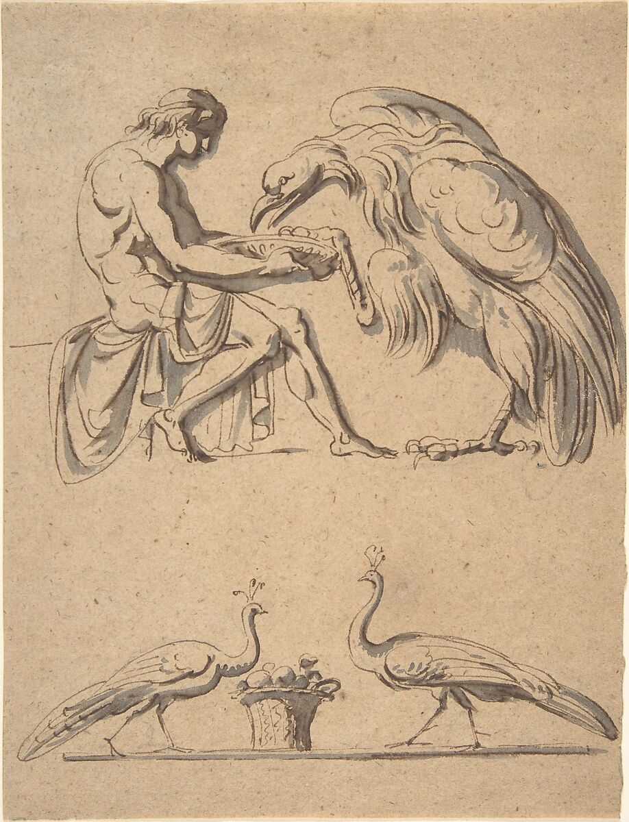 Jupiter, disguised as an eagle, with Ganymede, and a sketch of  two peacocks, Nicolai Abraham Abildgaard (Danish, Copenhangen 1743–1809 Frederiksdal), Pen and brown ink, gray wash 