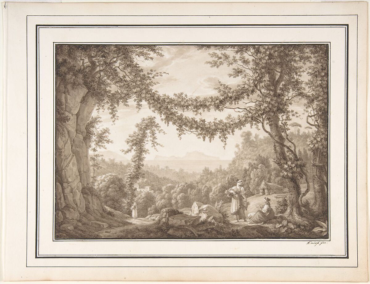 Grape Harvest at the Gulf of Naples, Christoph Heinrich Kniep (German, Hildesheim 1755–1825 Naples), Brush and brown ink, over a graphite sketch. Framing line in pen and black ink 