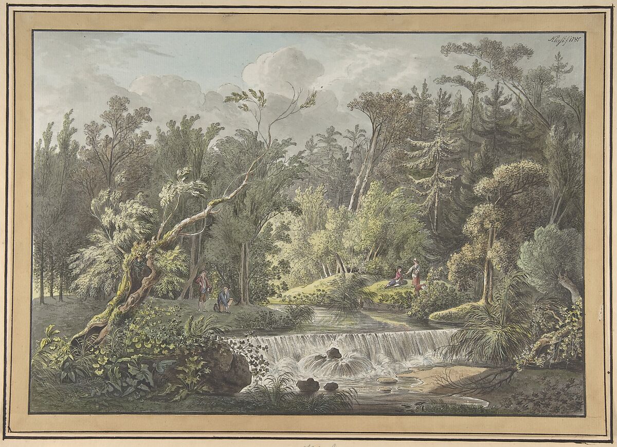 Landscape with Waterfall, Friedrich Christian Klass (German, Dresden 1752–1827 Dresden), Pen and black ink, watercolor; double framing lines in pen and black ink 