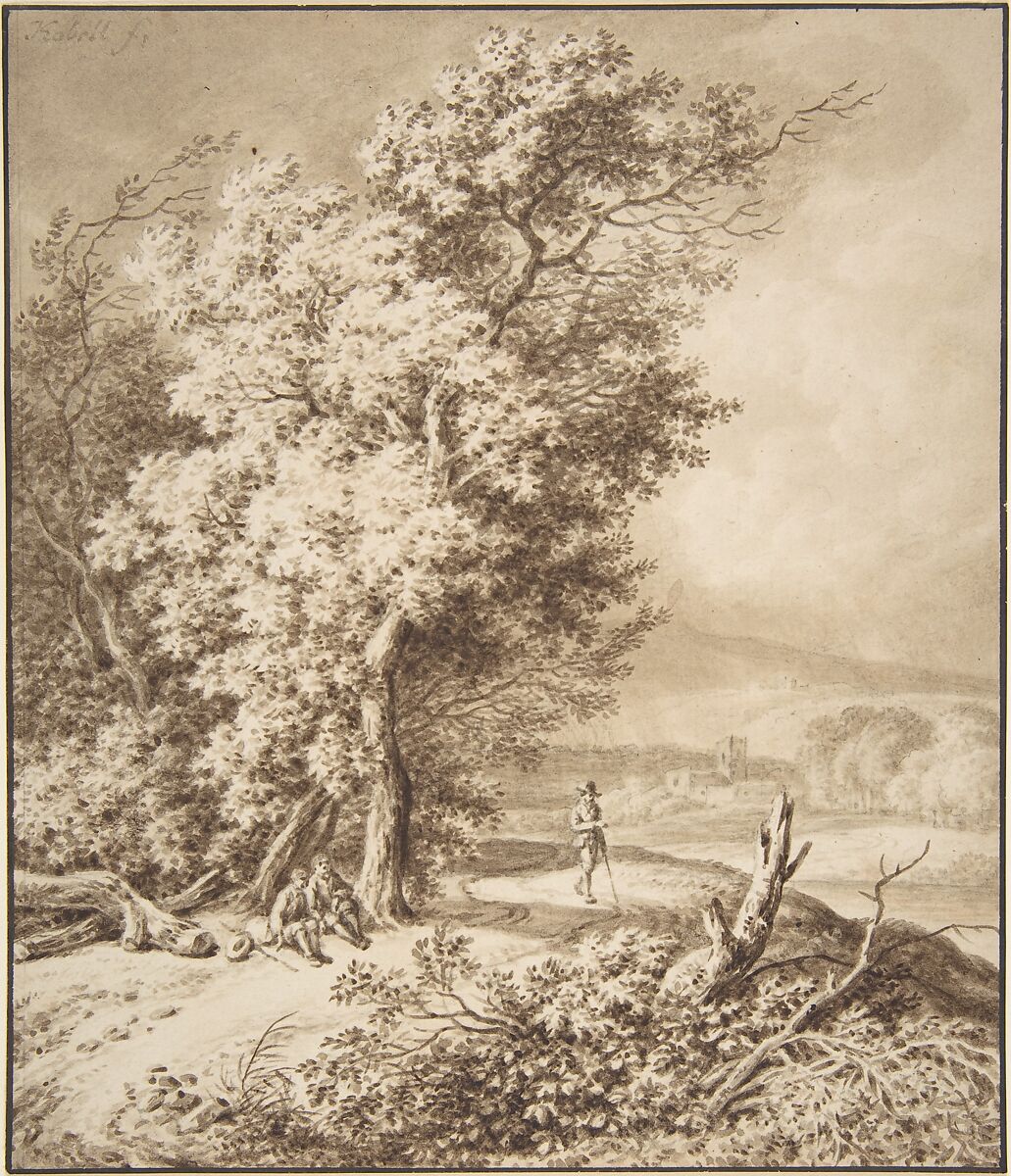 Landscape with Wayfarers, Ferdinand Kobell (German, Mannheim 1740–1799 Munich), Brush and brown wash, over graphite or black chalk; framing lines in pen and black ink 