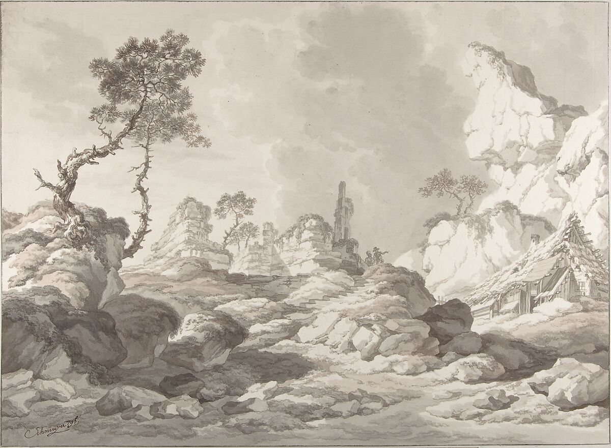 Landscape with a ruin near Mödling, Jakob Matthias Schmutzer (Austrian, Vienna 1733–1811 Vienna), Brush and brown and gray ink, black chalk 