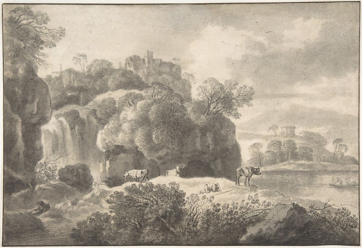 Ideal Landscape with a Shepherd and Cows, Johann Christian Klengel (German, Dresden 1751–1824 Dresden), Brush and black ink over black chalk. Two framing lines in pen and brown and pen and black ink, one of them possibly by the artist 