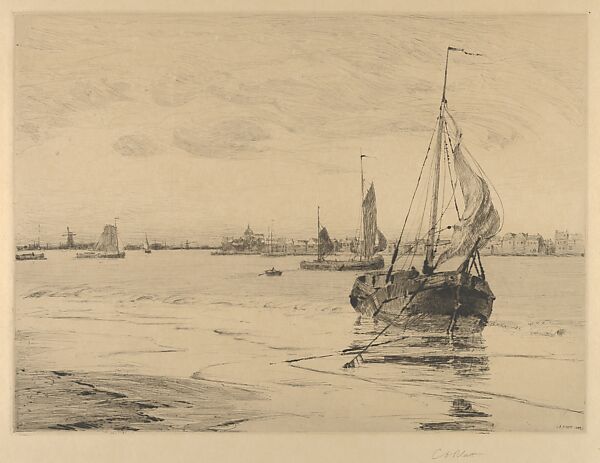 A Breezy Day at Dordrecht, Charles Adams Platt (American, New York 1861–1933), Etching and drypoint; published state 