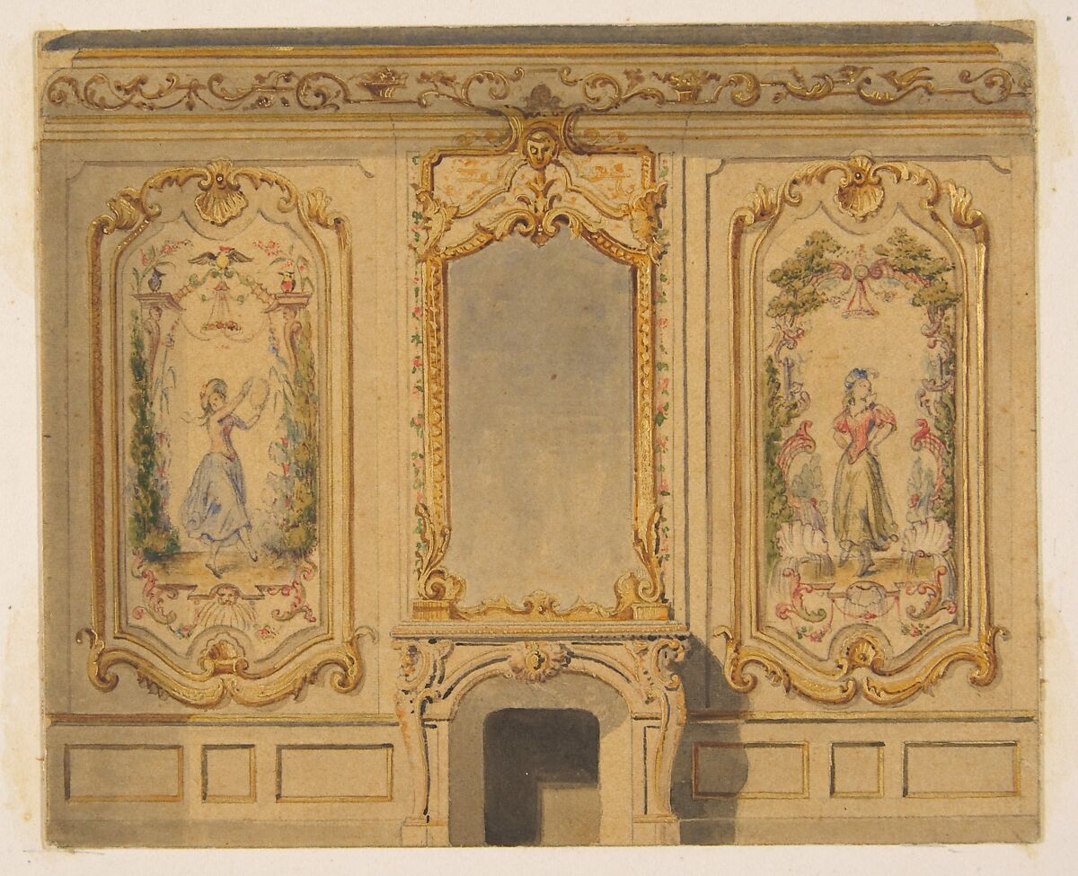 Elevation of an interior wall decorated with a chimney piece surmouted by a mirror and flanked with painted panels, Jules-Edmond-Charles Lachaise (French, died 1897), graphite, pen and ink, wash, watercolor, and gold paint on wove paper; mounted on cardboard 