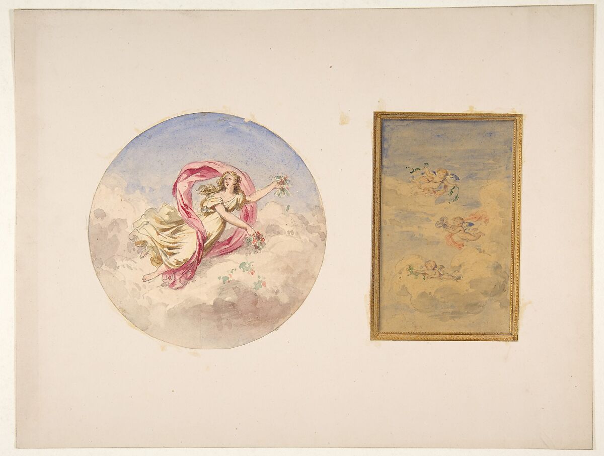 Two designs for the decoration of ceilings with figures in clouds, Jules-Edmond-Charles Lachaise (French, died 1897), graphite, watercolor, and gold paint on wove papers mounted on cardboard 